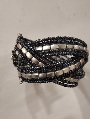 Silver & Black Multi-Strand Beaded Wrap Bracelet